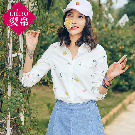 裂帛2018夏新款翻领刺绣长袖文艺衬衣直筒全棉圆摆衬衫女51172760商品大图