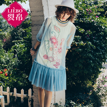 裂帛旗舰店2018夏新款休闲网纱七分袖两件套装网纱印花连衣裙女图片