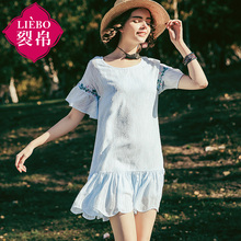 裂帛旗舰店旗舰店2018夏装刺绣雪纺裙落肩不规则下摆连衣裙女图片
