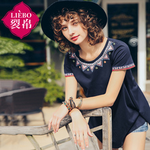 裂帛旗舰店2018夏装新款简约百搭圆领刺绣不规则下摆短袖T恤女图片
