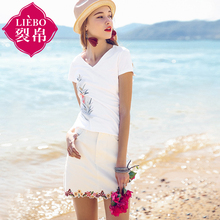 裂帛女装2018夏装新款气质中腰刺绣牛仔短裙直筒文艺半身裙女图片