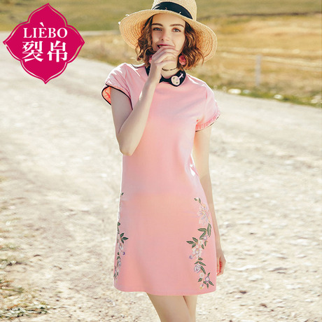裂帛旗舰店2018夏装新款气质翻领刺绣短袖裙个性袖拉链连衣裙女商品大图