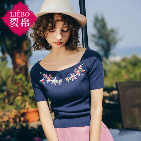 裂帛旗舰店2018夏新款女气质船领短袖上衣刺绣全棉套头针织衫女商品大图