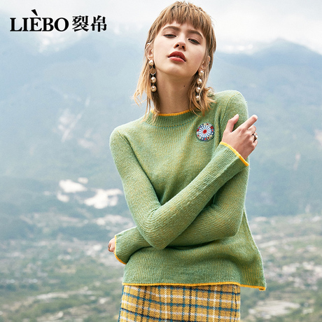 裂帛旗舰店2018秋季新款简约圆领文艺刺绣合体长袖套头针织衫女商品大图