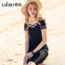 裂帛旗舰店2018夏装新款时尚圆领刺绣短袖黑色显瘦气质连衣裙女图片