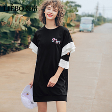 裂帛旗舰店2018夏装新款圆领俏皮刺绣落肩压褶拼接休闲连衣裙女图片