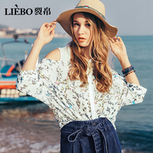 裂帛2018夏装新款时尚翻领露肩印花仙女蝙蝠袖温柔清新雪纺衬衫女图片