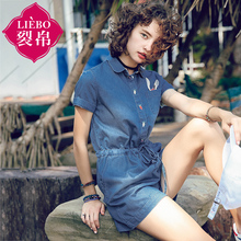 裂帛女装2018夏新款翻领刺绣短袖连体衣休闲时尚牛仔裤短裤女图片