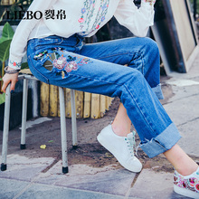 裂帛莲灿2018春装新款中腰刺绣微喇长裤毛边磨白牛仔裤女52170113图片