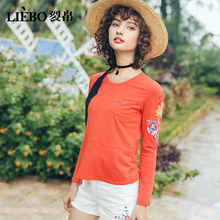 裂帛2018夏装新款经典圆领唯美绣花温柔风舒适高棉韩版长袖T恤新图片