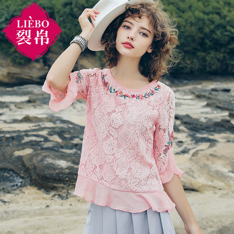 裂帛女装2018夏装新款气质圆领拼接上衣文艺浪漫蕾丝雪纺衫女商品大图