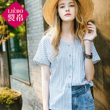 裂帛2018夏装新款不规则领开襟短袖衬衣清新落肩袖衬衣女51171864图片
