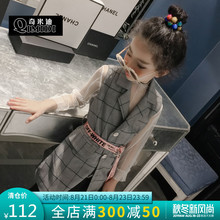 奇米迪 洋气女童春装2019新款清新绿条纹儿童长款马甲西装外套