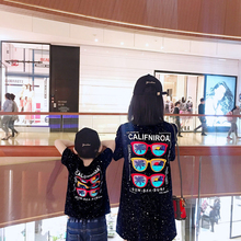 t恤夏季网红母子母女装 洋气 潮短袖 亲子装 2019新款 夏装 黑米妈童装