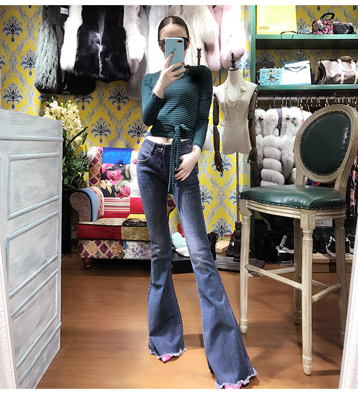新款欧美风显瘦毛边大喇叭牛仔裤女 弹力修身