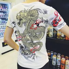t恤棉布立领霸气龙纹身印花图案有领带领男装 短袖 夏季男士 上衣服