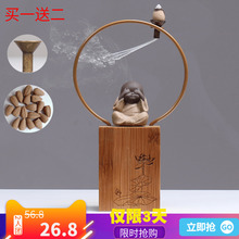 饰复古小沙弥禅意倒流香茶台桌面 小和尚竹工艺品摆件新中式书架装