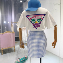 高腰修身 格子半身裙时尚 套装 字母印花短袖 T恤 修身 2018夏季新款