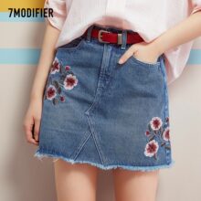 刺绣牛仔裙女韩版新款2018秋冬女装a字短裙子高腰弹力包臀半身裙图片
