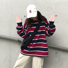 宽松百搭条纹长袖 卫衣上衣女学生打底衫 韩版 T恤女春秋2019新款