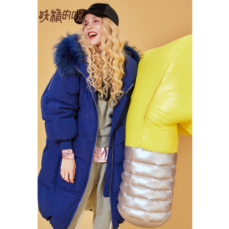 妖精的口袋韩版宽松真毛领羽绒服女冬装2018新款中长款连帽外套商品大图