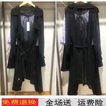 拉夏贝尔2018秋季新款韩版黑色中长款雪纺收腰风衣外套女20012430图片