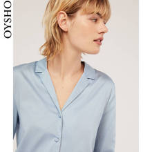 31080043475 家居服睡衣女 蓝色缎面冰丝V领休闲居家衬衫 Oysho
