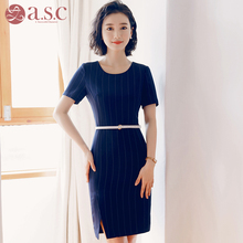 艾尚臣2018夏装新款条纹女连衣裙韩版时尚显瘦圆领OL职业装工作服图片
