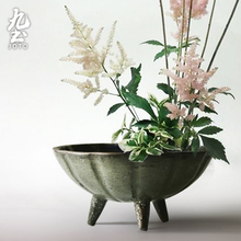 日式花器禅意粗陶高脚花盆复古家用剑山插花摆件水果盘茶道小花器