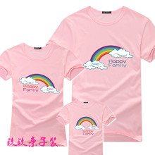 上衣 纯棉短袖 夏装 T恤韩版 粉红色运动会彩虹班服加大码 三口亲子装