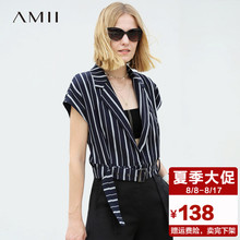 Amii女装韩版港风V领翻领短款马夹女2018夏新款半袖腰带修身马夹图片
