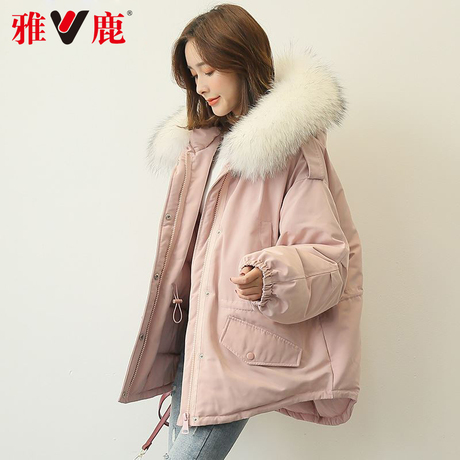 雅鹿新款大毛领羽绒服女短款韩国百搭收腰显瘦连帽保暖外套韩版潮商品大图