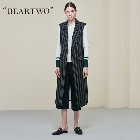 【设计师款】beartwo秋款黑色条纹长款马甲西装外套女BE7A100800商品大图