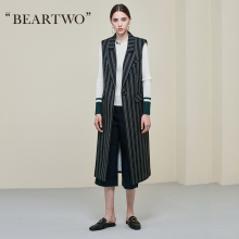 【设计师款】beartwo秋款黑色条纹长款马甲西装外套女BE7A100800图片