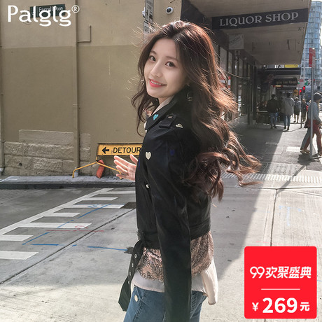 2018秋季新款时尚休闲女装绣花长袖修身黑色短款夹克皮衣外套上衣商品大图