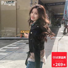 2018秋季新款时尚休闲女装绣花长袖修身黑色短款夹克皮衣外套上衣图片