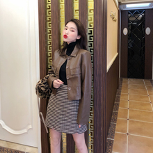 扑啦啦 韩风Chic皮衣外套女2018新款皮夹克+高腰复古格子半身裙秋