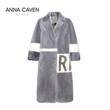 ANNA CAVEN2017秋季新款女装时尚趣味刺绣翻领羊毛皮草中长款外套图片