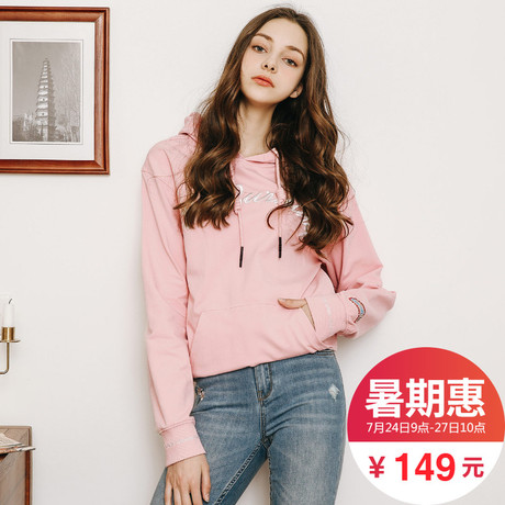 拉夏贝尔2018新款春装粉色连帽卫衣女韩版潮学生宽松ulzzang上衣商品大图