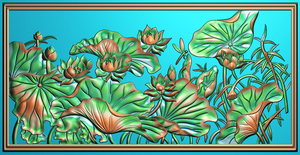 精雕图浮雕图花草荷花横屏荷叶精雕图雕刻图雕刻HC-010