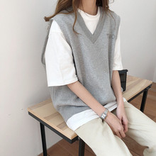 百搭纯色圆领短袖 韩版 ins超火宽松BF风V领字母印花卫衣马甲女 T恤