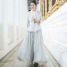 女禅意手绘雪纺汉服中国风连衣裙长袖 2019秋季复古裙套装 茶服文艺