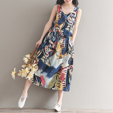 春夏季纯棉印花宽松连衣裙女夏无袖 棉麻家2019新款 背心中长沙滩裙