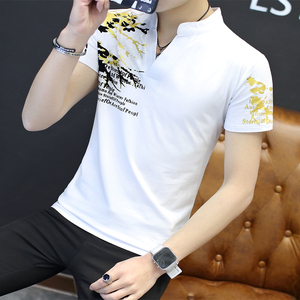 纯棉带图案短衣男衫立V领男士短袖t恤韩版潮流夏天半袖短信衣服土