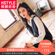 韩都衣舍2018秋装新款女装韩版假两件宽松雪纺V领连衣裙IG8075僥图片