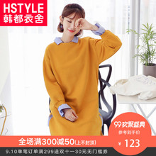 韩都衣舍2018秋装新款女装韩版裙子假两件条纹拼接连衣裙DU8422樱图片
