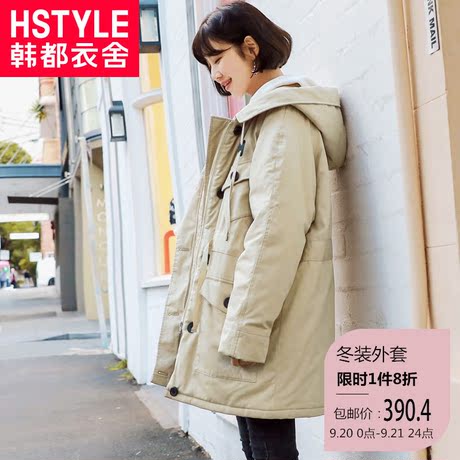 韩都衣舍2018韩版女装冬装新款纯色宽松中长款棉衣棉服LU7822荃商品大图