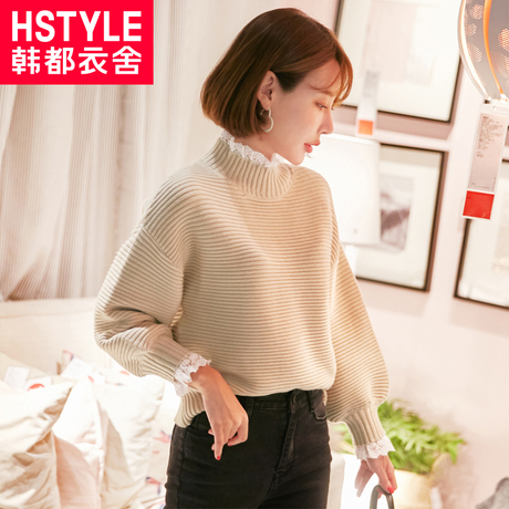 韩都衣舍2018冬装新款韩版女装蕾丝宽松套头毛衣针织衫JM9210蒖商品大图
