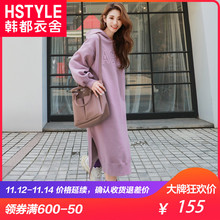 韩都衣舍2018韩版女装秋装刺绣中长款开叉蕾丝加绒连衣裙EK8764囡图片