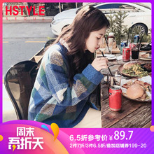 韩都衣舍2019春装新款女装韩版宽松套头格纹毛衣针织衫OK1228阨